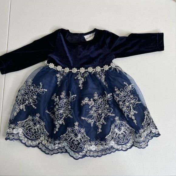 Rare Editions Navy Blue Velvet Lace Rhinestone Dress Bottom Set Girls 6-9 Months - Picture 13 of 13